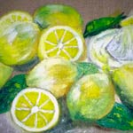 Antonina Sapone<br/>Limoni verdi di Sicilia, 2015, olio su tela ecr grezza, cm 35 x 50